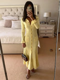 Yahuite Women Fashion Single Breasted Knitted Dress Chic Flared Sleeve Ruffles Hem Pocket Midi Dresses 2024 Elegant Female Street Robes