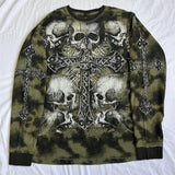 Yahuite y2k Gothic Grunge Cross Skull Print T-shirt for Women Fall Long Sleeve 90s E Girl Vintage Mall Goth Pullovers Emo Alt Tops