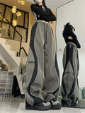 Yahuite Y2K Line Design Pant Women Drawstring Pockets Wide Leg Chic Punk Pants Baggy Striped Sports Sweatpants Parachute Jogger Trousers