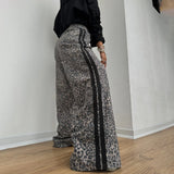 Yahuite 2024 New High Street Vintage Leopard Print Street Pants Woman Baggy Trousers Stripe Wide Leg Pants Oversized Casual Long Pants