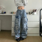 Yahuite Multi-Pocket Heavy Lndustry Design Jeans American Street Workwear Female Y2K Gothic Fashion Punk Style Loose Floor Wide-leg Pant