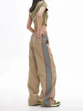 Yahuite Khaki Wide Leg Casual Pants Women Vintage Y2k Striped Parachute Trousers Streetwear Baggy Harajuku Black Cargo Pants