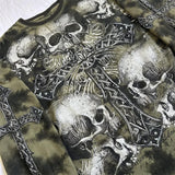 Yahuite y2k Gothic Grunge Cross Skull Print T-shirt for Women Fall Long Sleeve 90s E Girl Vintage Mall Goth Pullovers Emo Alt Tops