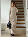 Women Elegant Solid Pleated Knitted Maxi Dress Casual Round Neck Long Sleeve Lace Up Dresses 2024 Autumn Lady High Street Robes