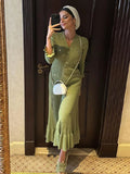 Yahuite Elegant Ruffles Hem Single Breasted Solid Knitted Maxi Dress Chic V Neck Long Sleeves Slim Long Dresses Fashion Lady Street Robe