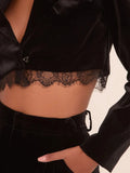 Yahuite Black  Autumn Winter Shorts Two Piece Sets Women Fashion Lace Side Long Sleeve V-neck Top And Shorts Sexy Set Outfits