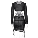 Yahuite Cryptographic Elegant Drawstring Ruched Cut Out Summer Bandage Mini Dress for Women Club Party Long Sleeve White Dresses Clothes