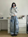 Yahuite Multi-Pocket Heavy Lndustry Design Jeans American Street Workwear Female Y2K Gothic Fashion Punk Style Loose Floor Wide-leg Pant