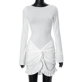 Yahuite White Ruched Mini Dress for Women Sexy Solid O-neck Bodycon Long Sleeve Party Dresses Autumn Female Casual Club Outfits 2024