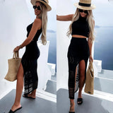 Beachwear Women Summer Dress Vacation Outfits for 2024 New Ladies Split Skirt Two Piece Solid Spandex Beach CoverUp