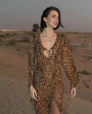 Yahuite Chic Leopard Print Ruffle Split Dress Women Sexy Lace Up V Neck Long Sleeve Dress Vestidos 2024 New Lady Party Beachwear Dresses