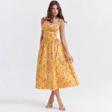 Yahuite Suninheart Summer Elegant Floral Print Midi Holiday Dress with Pocket Yellow Back Lace Up Party Dresses Casual Women Dress 2023