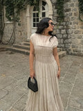 Yahuite Pleated Spliced Solid Wrap Waist Maxi Dress Elegant Short Sleeve O Neck Hanging Hem Robe Summer Casual Women Commute Dresses