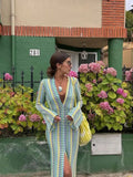 Yahuite Crochet Colorful Stripe Maxi Dress Women Flare Sleeve V-neck High Split Sexy Long Dresses 2023 New Autumn Beach Banquet Vestidos