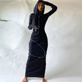 Yahuite Hawthaw Women 2024 Spring Autumn Fashion Long Sleeve Streetwear Bodycon Black Long Dress Wholesale Items For Business