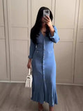 Yahuite Autumn Contrast Single Breasted Knitted Maxi Dress Women Elegant V-neck Ruffles Long Sleeve Chic Dresses Female Winter Vestidos