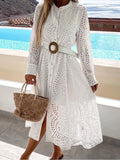 YAHUITE Casual Lace Crew Neck Belt Dress