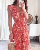 YAHUITE Butterfly Sleeve Print Ruffle Slit Dress