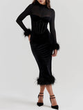 YAHUITE Black Velvet Midi Dress