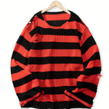 Benpaolv Plus Size Men's Fashion Striped Sweater Ripped Knit Sweater, Long-sleeved Pullover Spring/autumn Tops For Big & Tall Guys