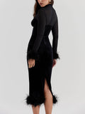 YAHUITE Black Velvet Midi Dress