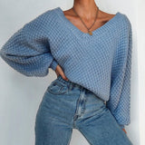 2024 Pullovers Women Autumn Winter Sweaters Solid V-Neck Loose Casual Daily Basic Womens Knitted Basic Chic Long Sleeve Sweater