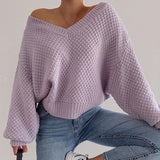 2024 Pullovers Women Autumn Winter Sweaters Solid V-Neck Loose Casual Daily Basic Womens Knitted Basic Chic Long Sleeve Sweater