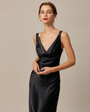 The Black Cowl Neck Sheath Satin Maxi Dress